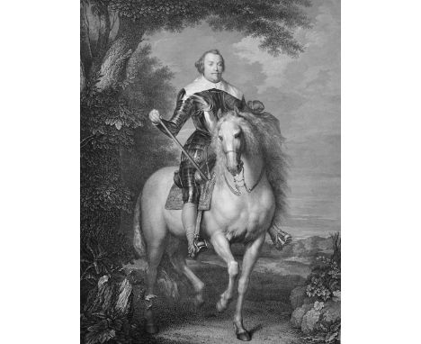After Anthony van Dyck (1599-1641) Flemish. Portrait of Man on Horseback, Engraved by Raphael Morghen, Unframed, overall 26" 