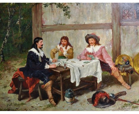 A... Toscani (19th Century) Italian. "Cavaliers Playing Cards", Oil on Canvas, Signed, 28" x 36".