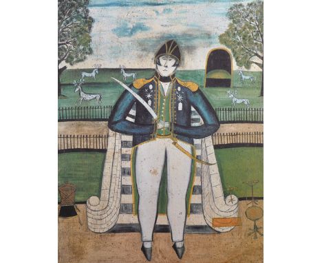 20th Century English School. A Primitive Portrait of Admiral Lord Exmouth, Print, in a Maple Frame, 20" x 15.5".