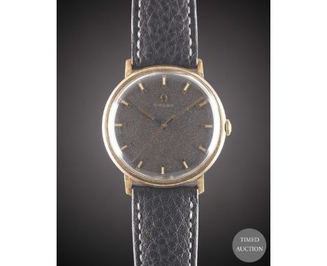 A GENTLEMAN'S 9CT SOLID GOLD&nbsp;OMEGA WRIST WATCH
CIRCA 1960s, WITH GREY DIAL

Movement:&nbsp;Manual wind, signed Omega, nu