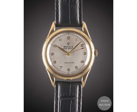 A GENTLEMAN'S 9CT SOLID GOLD ROLEX OYSTER PERPETUAL WRIST WATCH
CIRCA 1950s
Movement:&nbsp;Automatic "semi bubble back", sign
