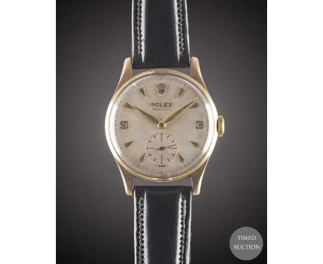 A GENTLEMAN'S 9CT SOLID GOLD ROLEX PRECISION WRIST WATCH
CIRCA 1958
Movement:&nbsp;17J, manual wind, cal. 1200, signed Montre