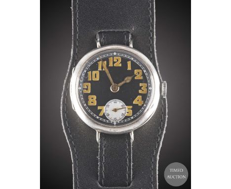 A GENTLEMAN'S SOLID SILVER ROLEX&nbsp;OFFICERS WRIST WATCH
CIRCA 1918, WITH BLACK ENAMEL DIAL &amp; CATHEDRAL HANDS
Movement: