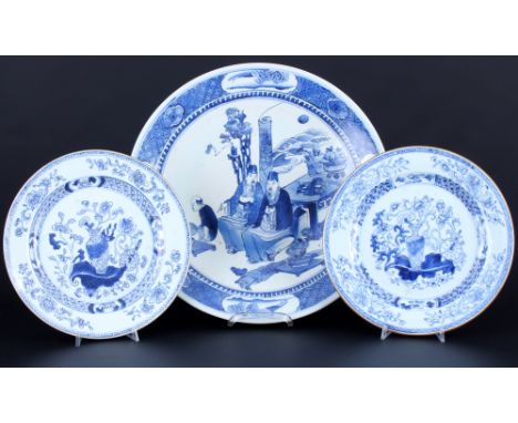 China großer Schale mit 2 Teller Blaumalerei, chinese plates and bowl,Porzellan, China wohl Qing-Dynastie, Blaumalerei mit ze