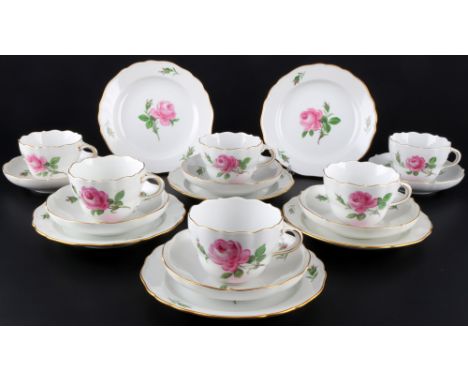 Meissen Rote Rose 6 Kaffeegedecke, coffee cups with dessert plates,18-teiliges Porzellan, blaue Schwertermarke mit zwei Schle