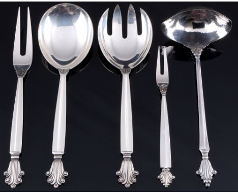 Georg Jensen Akanthus 925 Silber 5-teiliges Vorlegebesteck, sterling silver 5-piece serving cutlery,Silber, gestempelt Georg 