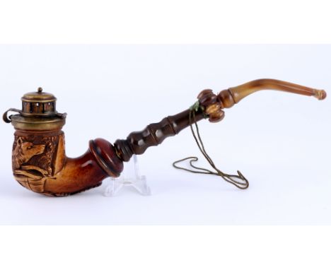 Meerschaum Tabakpfeife 19. Jahrhundert, tabacco pipe,Meerschaumpfeife, geschnitzter Pfeifenkopf mit reliefierter Wolf-Darstel
