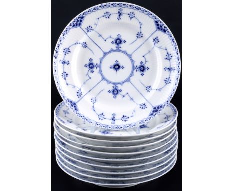 Royal Copenhagen Musselmalet 10 Suppenteller, soup plates,Porzellan, Dänemark, mit grüner Firmenmarke und blauen Wellen, Deko
