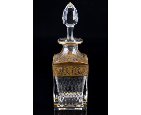 St. Louis Thistle Gold Whiskykaraffe, square whisky carafe,Kristall, Frankreich, Serie Thistle Gold, mit Ätzmarke, H 27 cm x 