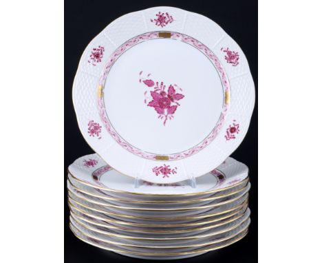 Herend Apponyi Purpur 10 Speiseteller, dinner plates,Porzellan, Ungarn 20. Jahrhundert, blaue Bodenmarke, Dekor AP Apponyi Pu