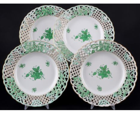 Herend Apponyi Vert 4 Prunkteller, cutwork plates,Porzellan, Ungarn 20. Jahrhundert, blaue Bodenmarke, Dekor AP Apponyi Vert,