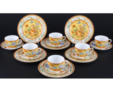 Hermes Paris La Siesta 6 Gedecke für Kaffee / Tee, cups with saucers and dessert plates for coffee / tea,Porzellan, Frankreic