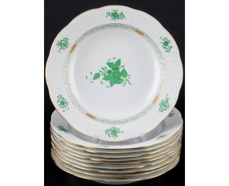 Herend Apponyi Vert 10 Suppenteller, soup plates,Porzellan, Ungarn 20. Jahrhundert, blaue Bodenmarke, Dekor AP Apponyi Vert, 