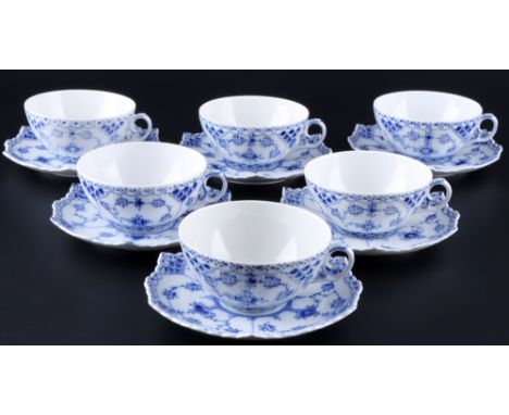 Royal Copenhagen Musselmalet Vollspitze 6 Teetassen 1130, full lace tea cups with saucers 1st choice,Porzellan, Dänemark, mit