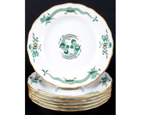 Meissen Hofdrache Grün Reich 6 Speiseteller 1.Wahl, dinner plates 1st choice,Porzellan, blaue Schwertermarke 1. Wahl, Dekor G