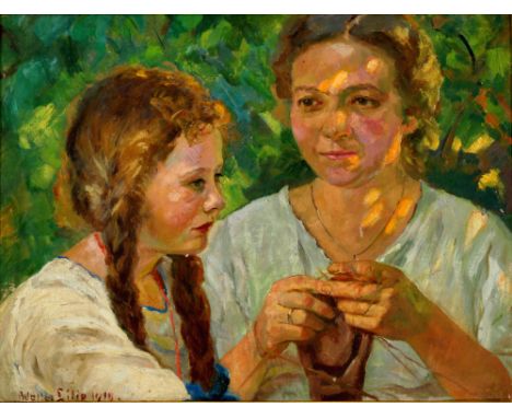 Walter Lilie (1876-1924) Portrait Mutter mit Tochter 1919, portrait of a mother with her daughter,Öl/Platte, u. links signier