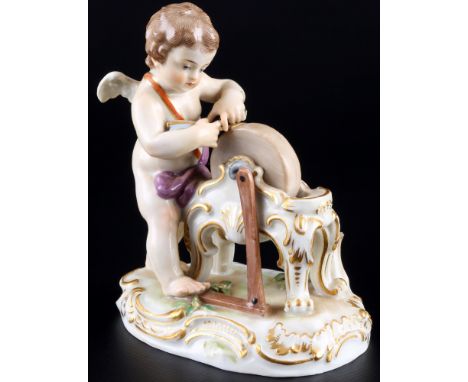 Meissen Putte am Schleifstein 1.Wahl, Knaufmarke, cherub on grinding wheel 1st choice,Porzellan, blaue Schwertermarke 1. Wahl