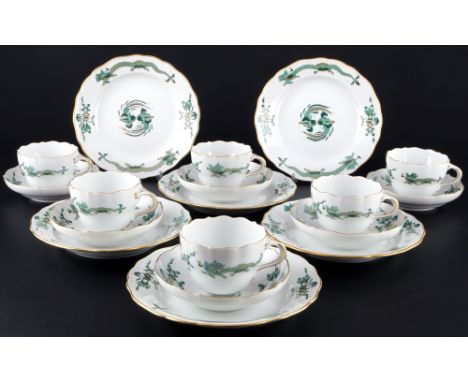 Meissen Hofdrache Grün Reich 6 Kaffeegedecke 1.Wahl, coffee cups with dessert plates 1st choice,18-teiliges Porzellan, blaue 