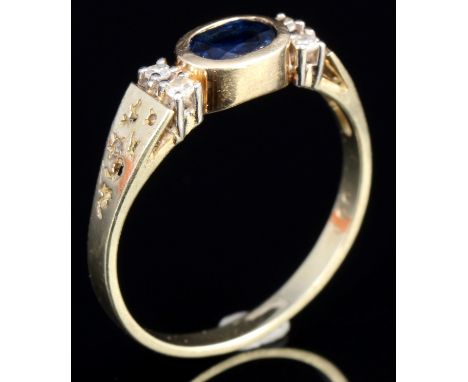 585 Gold Ring mit Saphir und 4 Brillanten, 14K gold ring with diamonds and sapphire,GG 585/000, gestempelt 585, Goldring mit 