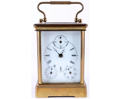 Große Reiseuhr mit Datum- und Taganzeige, Offiziersuhr, carriage clock with date and day,Messing, Emailzifferblatt mit röm. u