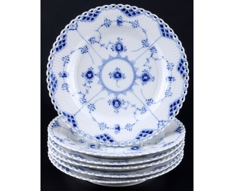 Royal Copenhagen Musselmalet Vollspitze 6 Speiseteller 1084, full lace dinner plates 1st choice,Porzellan, Dänemark, am Boden