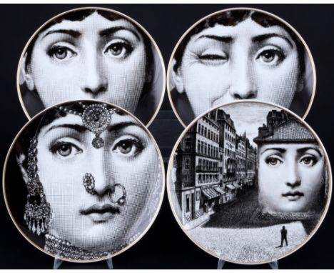 Rosenthal Fornasetti Temi E Variazioni 4 Prunkteller, splendor plates,Porzellan, schwarz/goldene Bodenmarke, Entwurf von Pier