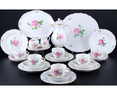 Meissen Rote Rose Kaffeeservice für 6 Personen, mocha coffee service for 6 pers.,24-teiliges Porzellan, blaue Schwertermarke 