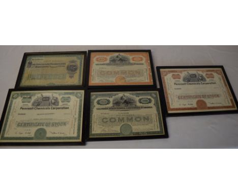 5 framed American share certificates
