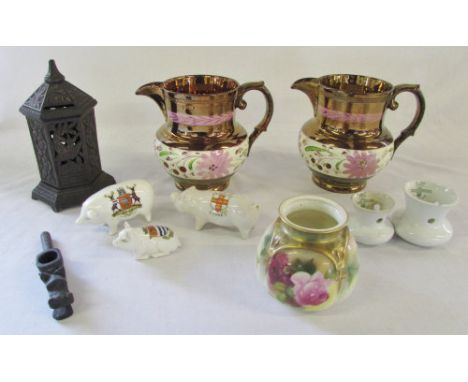 Various ceramics inc Royal Worcester blush ivory squat vase, crested china pigs and copper lustre jugs with a metal oriental 