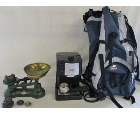 Scales with weights, De Longhi (Cafe Treviso) coffee maker & a rucksack