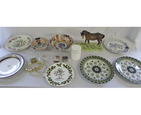 Various ceramics inc Beswick horse (a/f), Royal Doulton, plates, silver plate match cases, brass door knocker