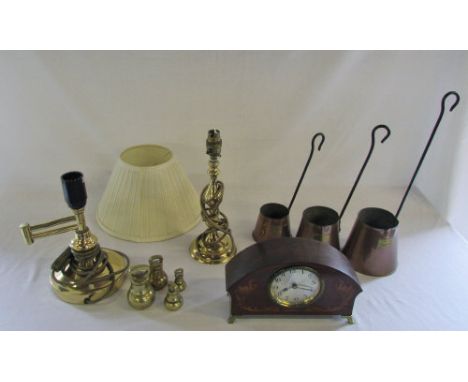 Brass lamps, weights, Edwardian mantle clock & copper cider measures