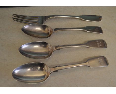 3 silver tablespoons and a fork with Edinburgh hallmarks , total approx weight 6.1ozt