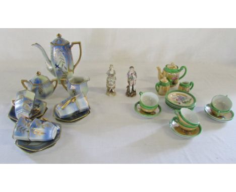 2 miniature Japanese tea sets and 2 possibly German ceramic figures