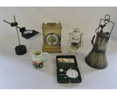 Various items inc clock, white lantern, magnifying glass, pressure gauge and a Border Fine Arts tractor jug