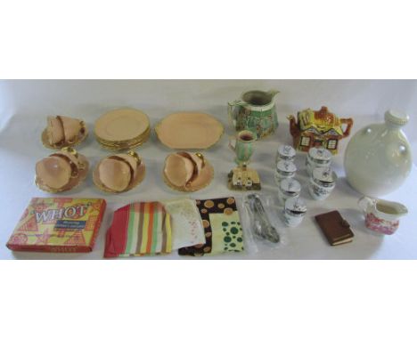 Various ceramics inc part tea service (1 cup a/f), Royal Worcester, silk handkerchiefs, hot water bottle, Waddingtons game et