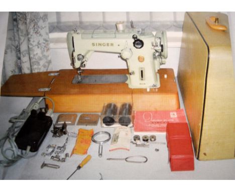 Singer 320k2 free arm convertible electric sewing machine, 1950s/1960s with original manual, pedal and a large selection of a