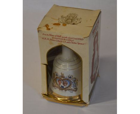 Bell's Celebration Scotch whisky decanter commemorating Charles & Diana 1981, still sealed with original tatty box