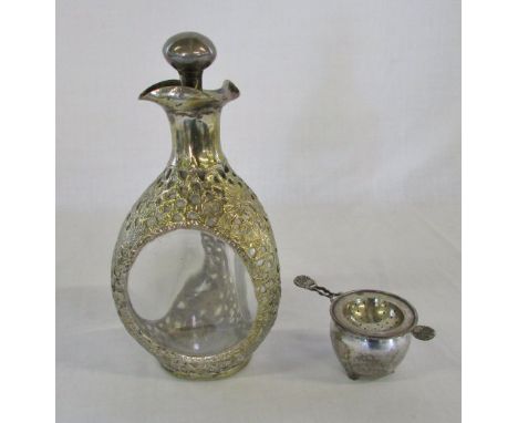 Chinese silver plate overlaid decanter & bowl with tea strainer marked HC