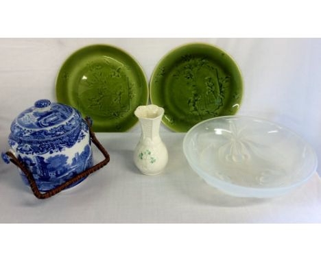 French opaque glass bowl by G Vallon, Spode Italian buscuit barrel, Belleek vase & 2 green glazed plates