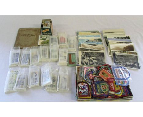 Various patch badges, topographical postcards and cigarette cards