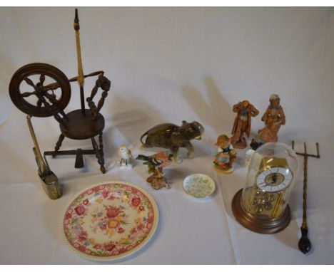 Anniversary clock under dome, miniature spinning wheel, ceramic figures etc