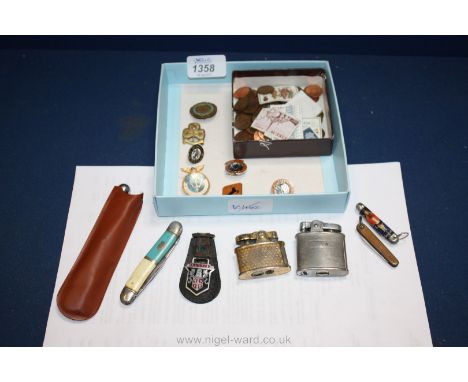 Miscellaneous enamel Badges, lighters, etc. stamps and coins