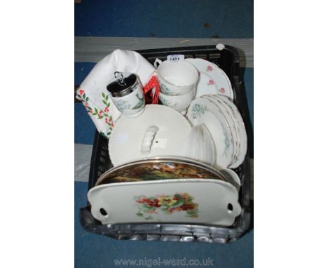 A box of vintage china including white cheese dome and plate, two Johnson Bros ironstone plates, Royal Worcester egg coddler,