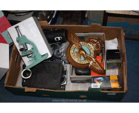 A Britax Pioneer Microscope, Prackica, flash units, cased thermometer and tyre gauge