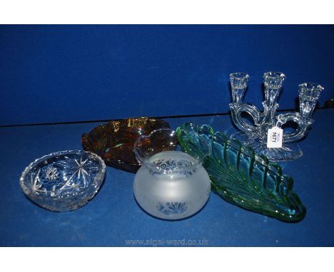 A Carnival Glass Bowl, a Green Leaf Dish, Sucrier, Candelabra & Shade.