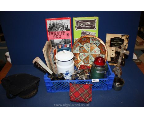 A quantity of miscellanea including an enamel milk churn, torch on swivel stand, opera glasses, sailor's hat, keys, stamp and