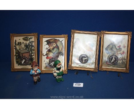 Four Hummel miniature wind-up Clocks including 'Stormy Weather', along with two plastic figurines.