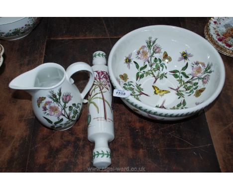 A Portmeirion Mixing Bowl, rolling pin and milk jug