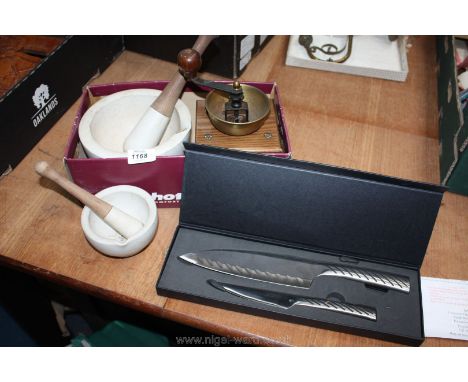 Two ceramic Pestle and Mortars, coffee grinder and a cased set of two "Technique" chef's knives